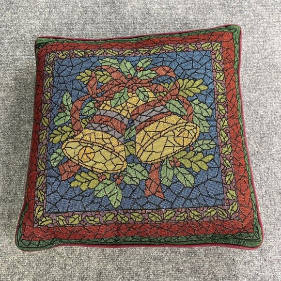 Vintage 90s Riverdale Christmas Tapestry Throw Pillow Bells Ornaments 16x16 USA - Picture 1 of 11